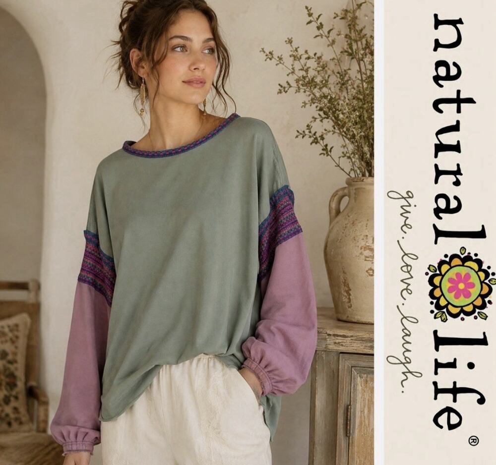 Natural Life Green Purple Colorblock Y2K Oversized Sweatshirt Size L /XL A011127